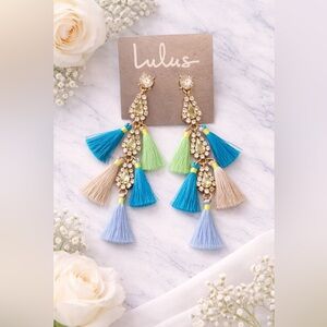 Lulus NEW Rhinestones & Tassels Pierced Drop Earrings